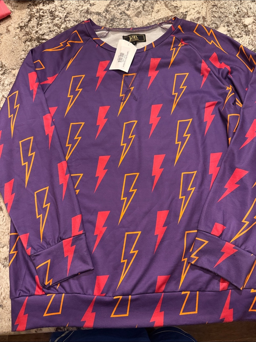 L&B Purple Long-Sleeve Pajama Top with Pink and Gold Lightning Bolts